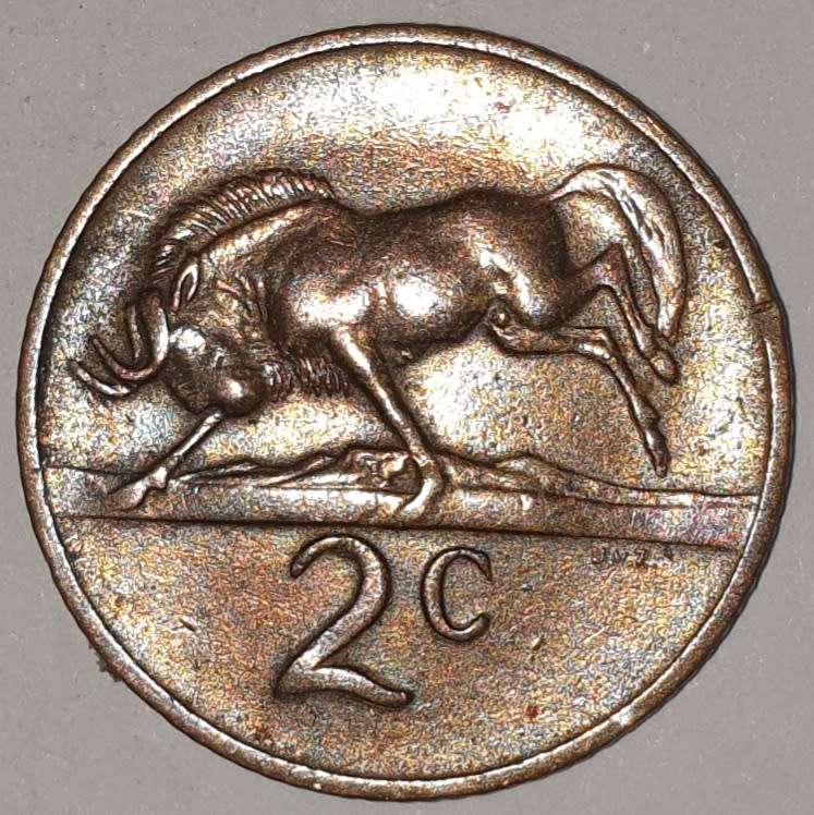 1974 - 2 CENT COIN (TWO CENT COIN) - RSA - BRONZE - KM#83 - BILINGUAL LEGEND - WILDEBEEST